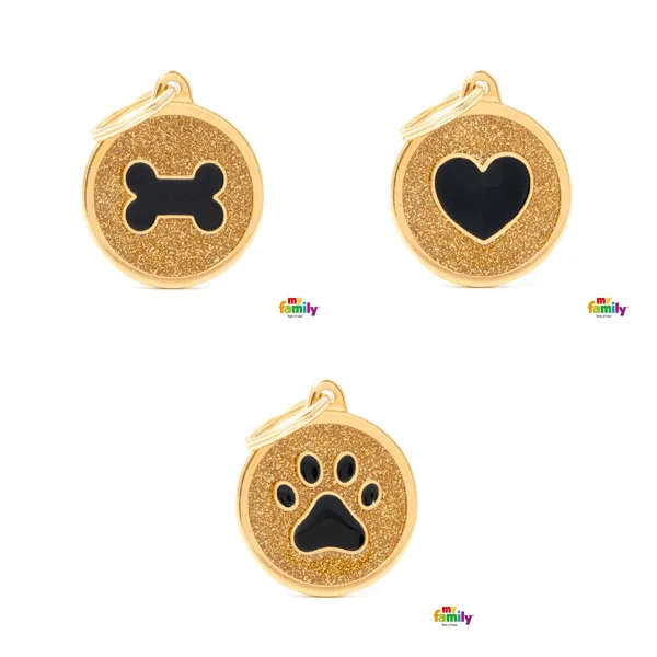 My Family Big Circle Gold Glitter Pet ID Tag