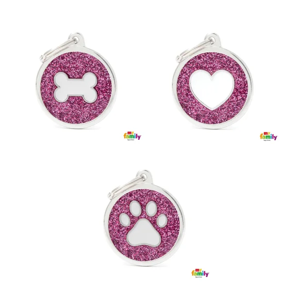 My Family Big Circle Pink Glitter Pet ID Tag