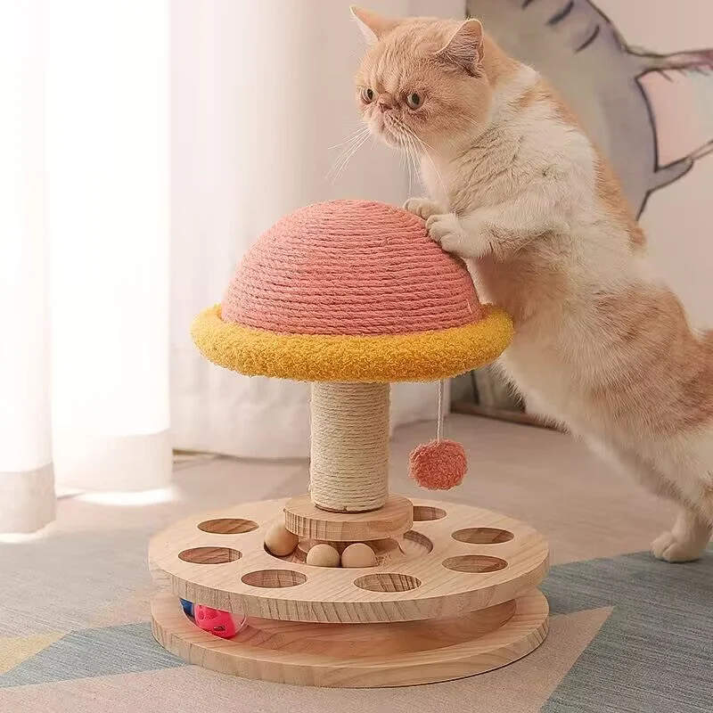 Climbing Relaxing Mushroom Shape Cat Scratching Post With Ball Tracks Pet Toy