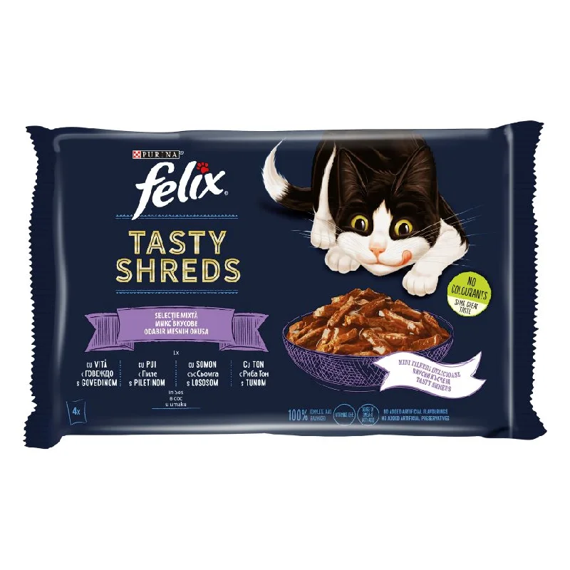 FELIX Tasty Shreds Multipack, s govedinom/piletinom/tunjevinom/lososom, 4x85g