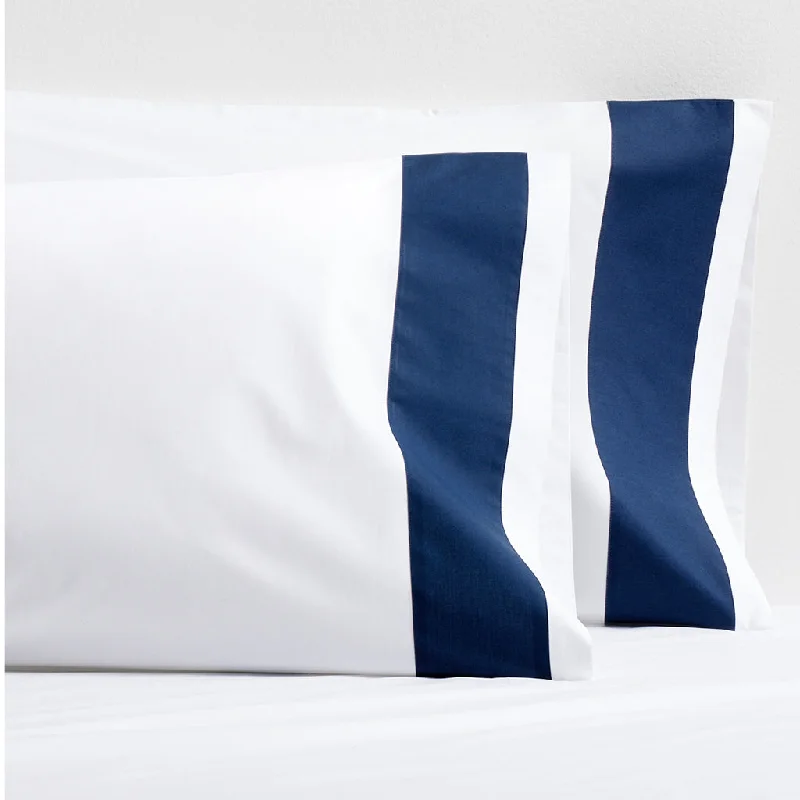 Navy Blue Wide-Band Percale Pillowcases, set of 2