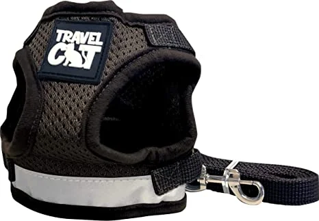 TRAVEL CAT The True Adventurer Reflective Harness and Leash Set, Black