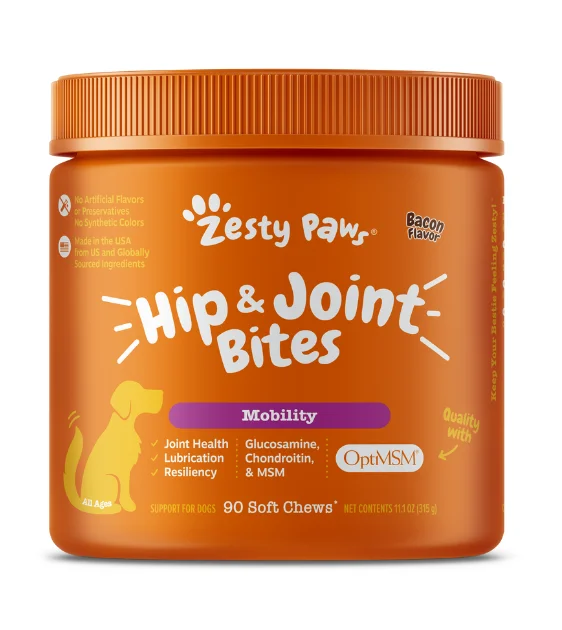 Zesty Paws Hip & Joint Bites Mobility Supplements for Dogs (Bacon Flavour)